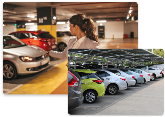A well-organized parking lot filled with cars, SUVs, and pickup trucks under clear skies, illustrating safe and convenient parking spaces available for everyday drivers and commuters through Stackkly’s platform for parking operators.